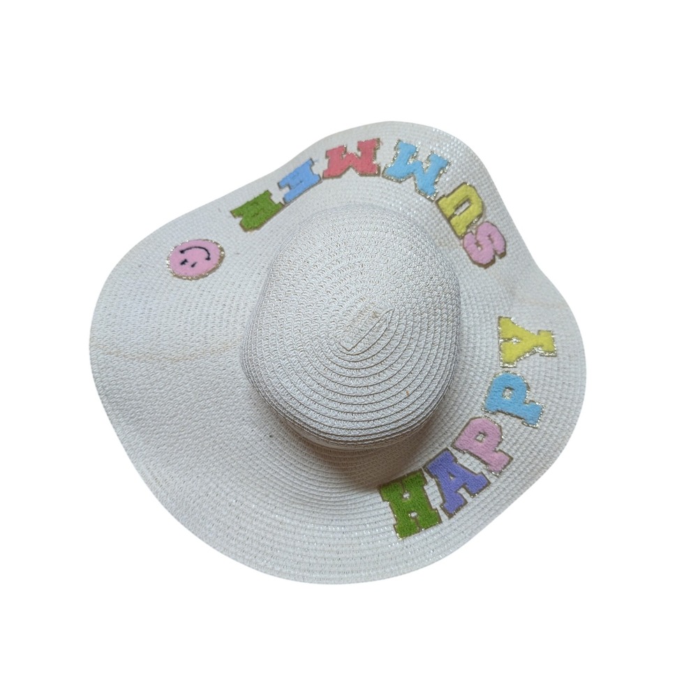 Lucky Happy Summer Sun Hat Women Size 7 White Good Floppy Wide Brim Smiley Face - Picture 3 of 4